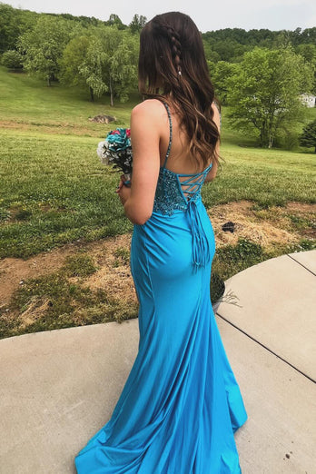 Sparkly Turquoise Corset Appliqued Long Formal Dress with Slit