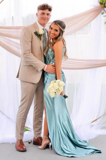 Blue Sweetheart Appliqued Long Formal Dress with Slit