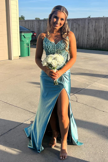 Blue Sweetheart Appliqued Long Formal Dress with Slit