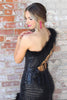 Load image into Gallery viewer, Sparkly Black One Shoulder Long Formal Dress with Feathers