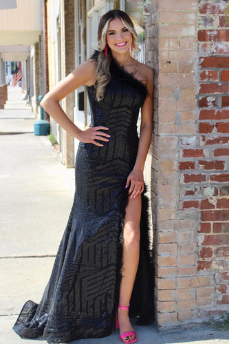 Sparkly Black One Shoulder Long Formal Dress with Feathers