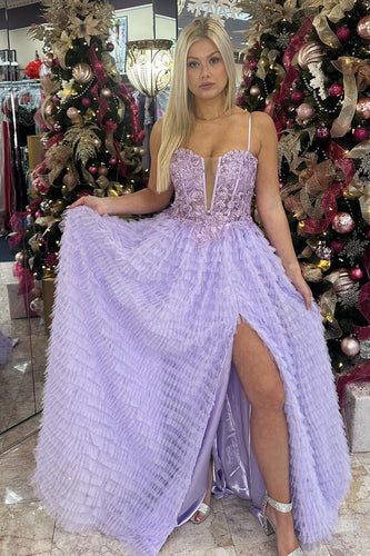 Lilac Ruffled Appliqued Long Formal Dress with Slit