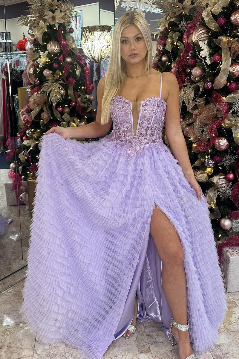 Load image into Gallery viewer, Lilac Ruffled Appliqued Long Formal Dress with Slit