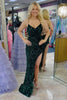 Load image into Gallery viewer, Sparkly Dark Green Spaghetti Straps Long Formal Dress with Slit