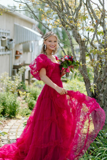 Fuchsia A-Line Corset Long Formal Dress with Puff Sleeves