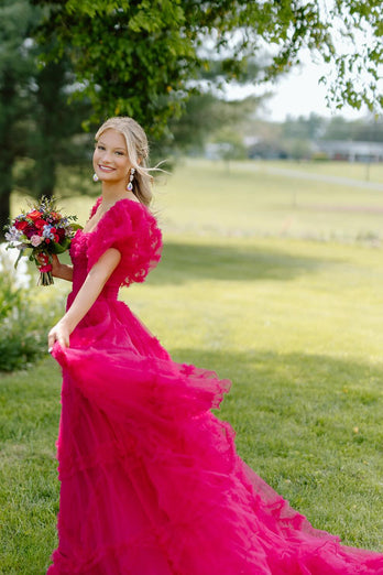 Fuchsia A-Line Corset Long Formal Dress with Puff Sleeves