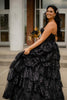 Load image into Gallery viewer, Sparkly Black Ruffled Corset Long Formal Dress with Slit