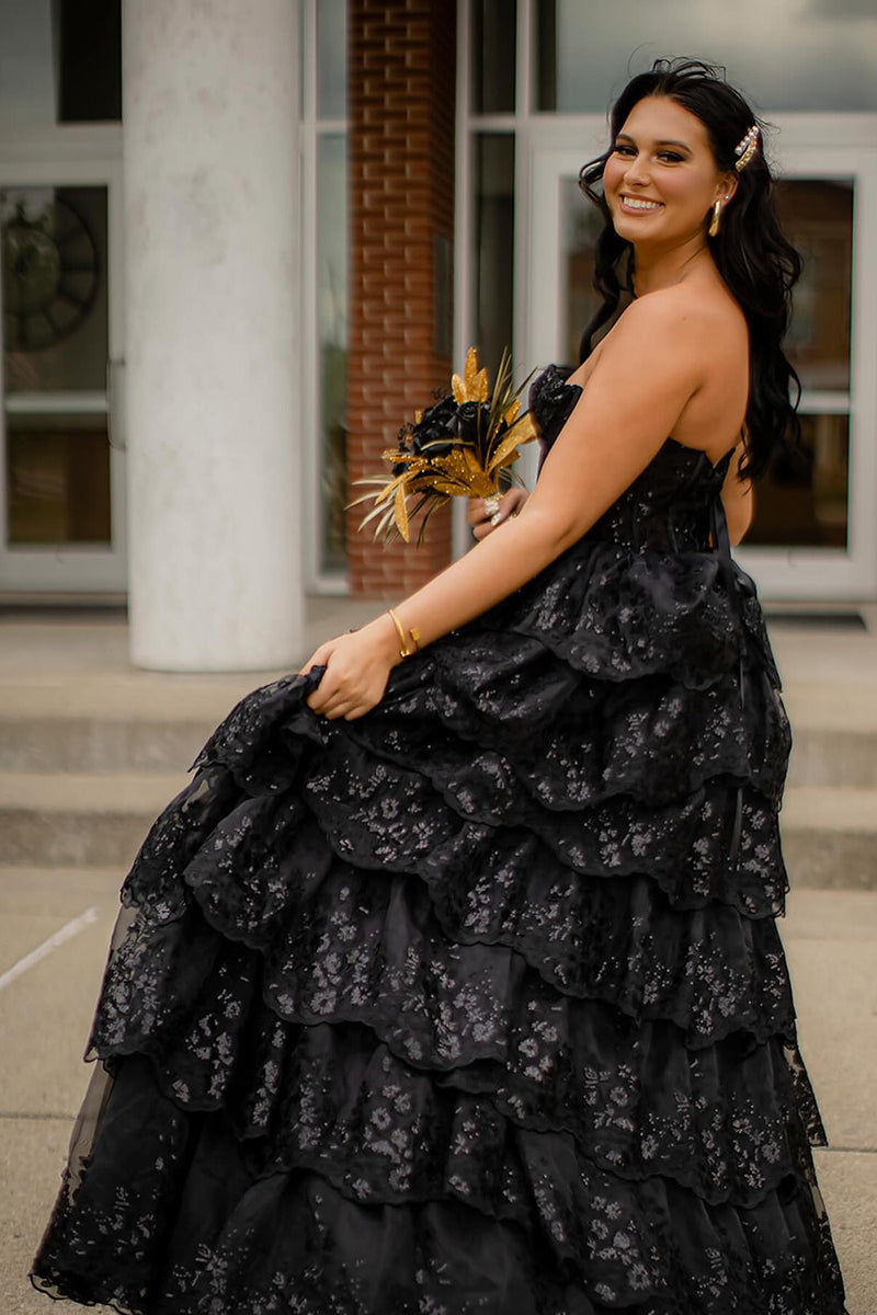 Load image into Gallery viewer, Sparkly Black Ruffled Corset Long Formal Dress with Slit