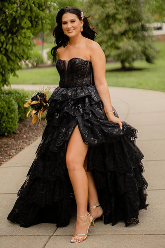 Sparkly Black Ruffled Corset Long Formal Dress with Slit