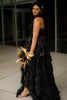 Load image into Gallery viewer, Sparkly Black Ruffled Corset Long Formal Dress with Slit