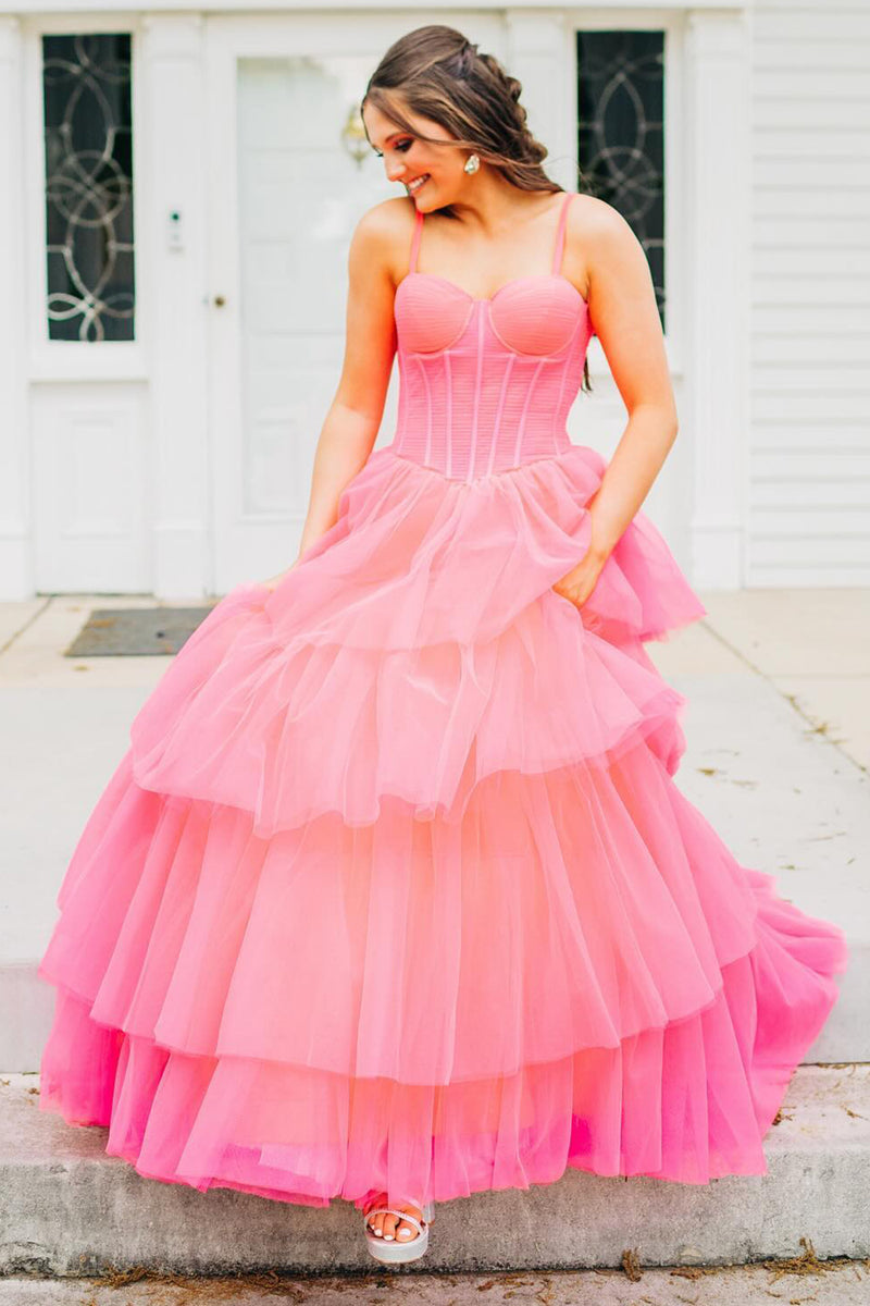 Load image into Gallery viewer, Pink A-Line Ruffled Corset Long Formal Dress