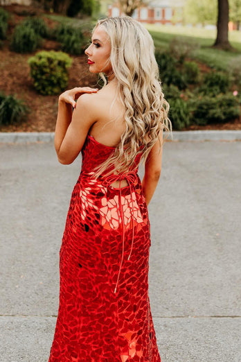 Mirror Red Strapless Long Formal Dress with Slit