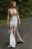 Load image into Gallery viewer, Sparkly Silver Halter Hollow Long Formal Dress with Slit