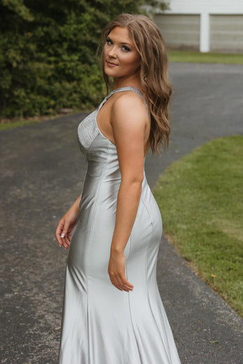 Sparkly Silver Halter Hollow Long Formal Dress with Slit