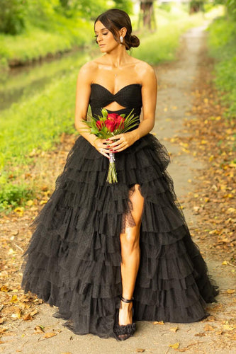 Black Sweetheart Ruffled Long Formal Dress with Slit