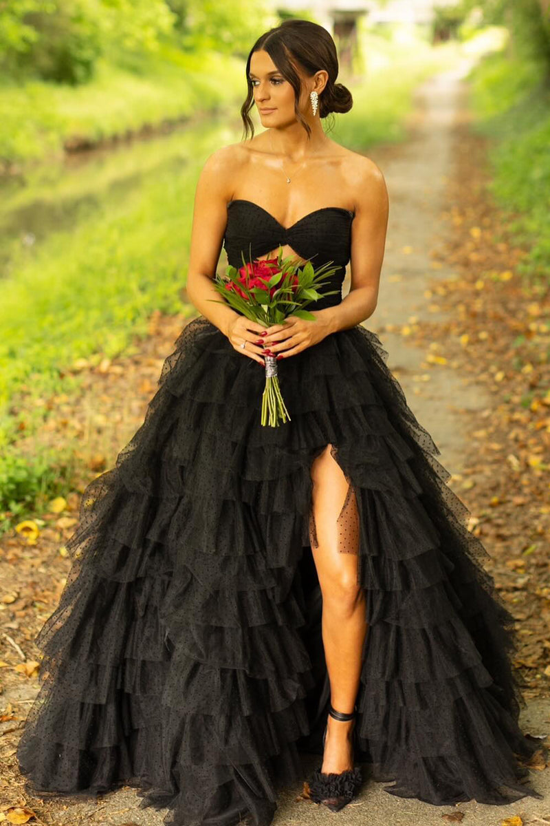 Load image into Gallery viewer, Black Sweetheart Ruffled Long Formal Dress with Slit