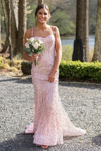 Sparkly Mermaid Pink Corset Long Formal Dress