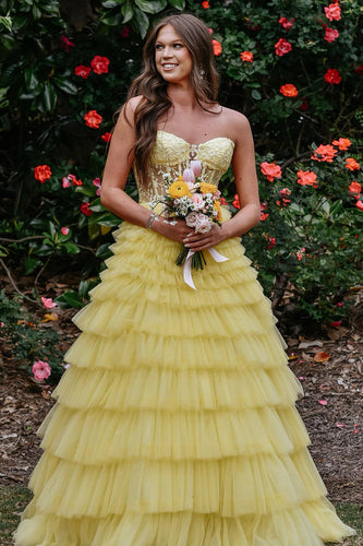 Princess Yellow Appliqued Corset Long Formal Dress