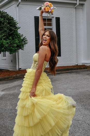 Princess Yellow Appliqued Corset Long Formal Dress