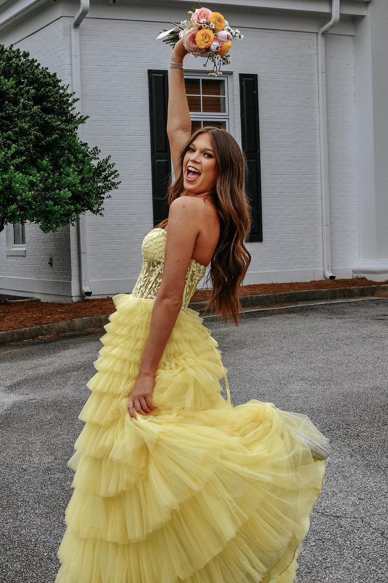 Load image into Gallery viewer, Princess Yellow Appliqued Corset Long Formal Dress