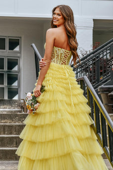 Princess Yellow Appliqued Corset Long Formal Dress