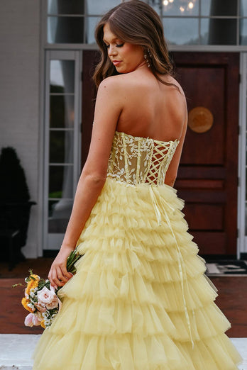 Princess Yellow Appliqued Corset Long Formal Dress