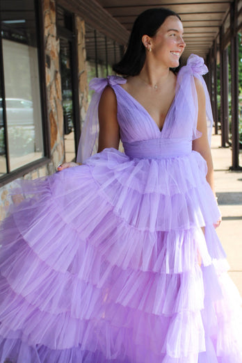 Princess Purple Ruffled Long Formal Dress with Slit