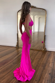 Sparkly Fuchsia Spaghetti Straps Long Formal Dress with Beadings