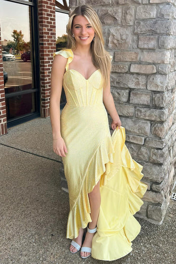 Sparkly Yellow Corset Long Formal Dress with Slit