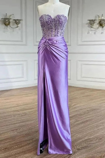 Sparkly Purple Strapless Corset Long Formal Dress with Slit