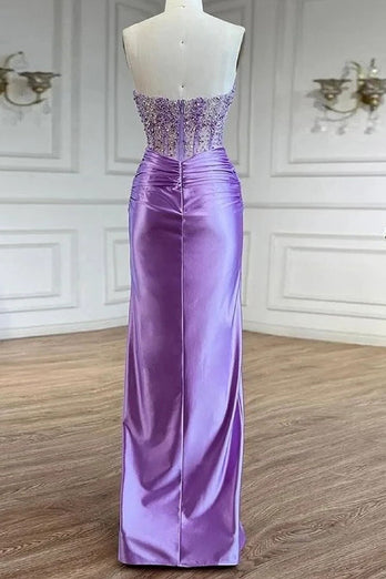 Sparkly Purple Strapless Corset Long Formal Dress with Slit