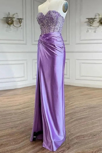 Sparkly Purple Strapless Corset Long Formal Dress with Slit