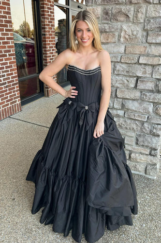 Black Sweetheart Corset Long Formal Dress with Bows