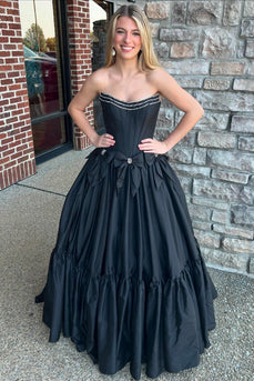 Black Sweetheart Corset Long Formal Dress with Bows