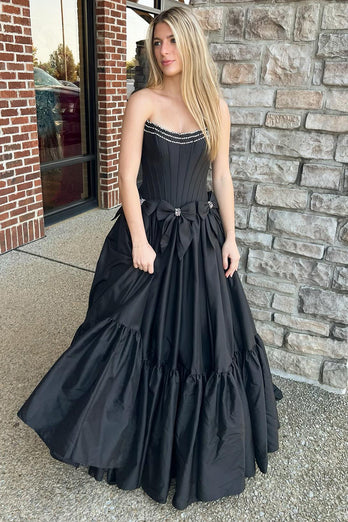 Black Sweetheart Corset Long Formal Dress with Bows