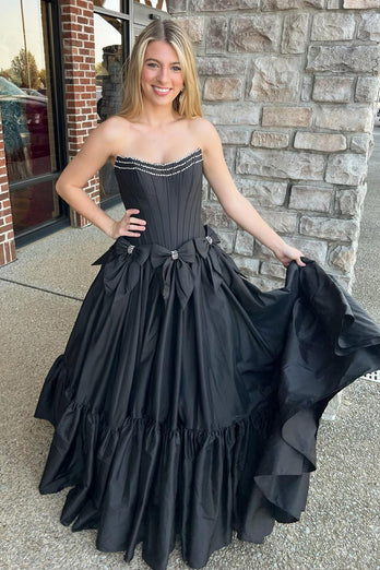 Black Sweetheart Corset Long Formal Dress with Bows