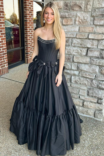 Black Sweetheart Corset Long Formal Dress with Bows