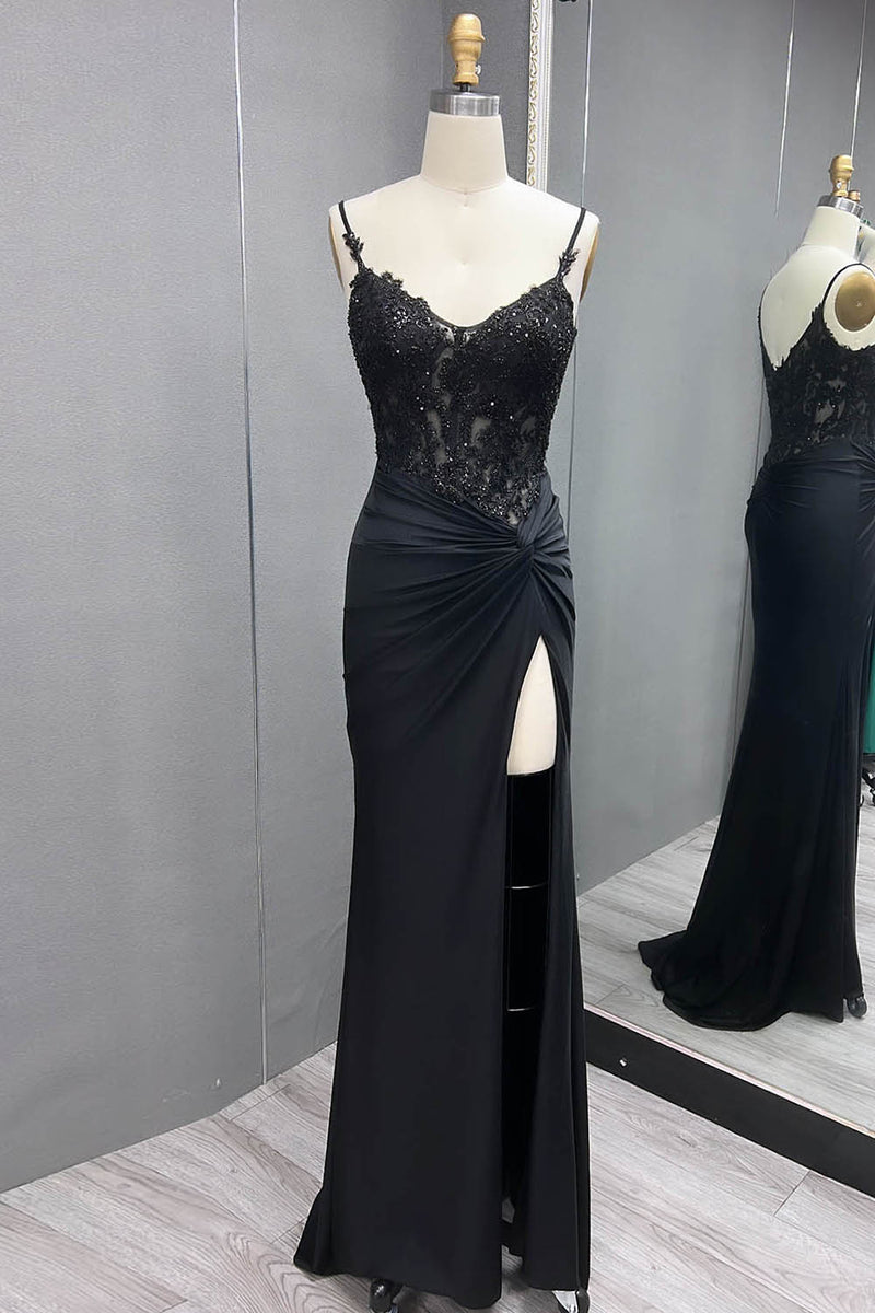 Load image into Gallery viewer, Black Spaghetti Strap Long Formal Dress with Lace