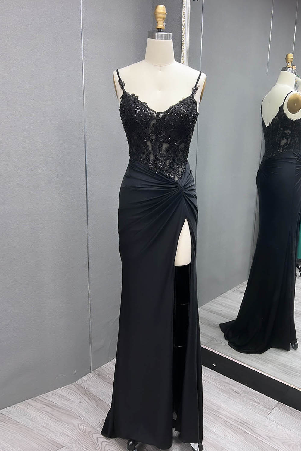 Black Spaghetti Strap Long Formal Dress with Lace