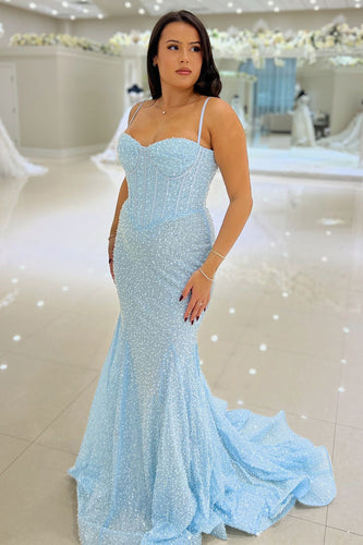 Glitter Sky Blue Corset Spaghetti Straps Long Formal Dress