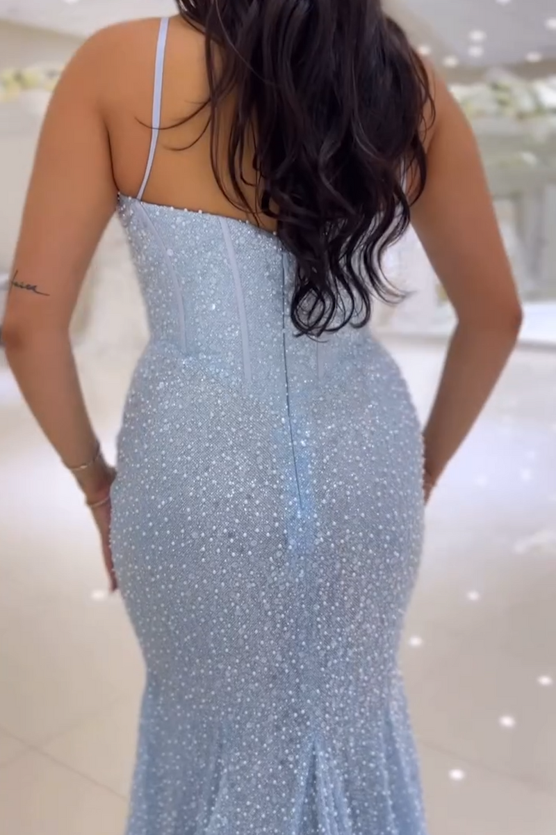 Load image into Gallery viewer, Glitter Sky Blue Corset Spaghetti Straps Long Formal Dress