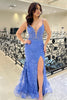 Load image into Gallery viewer, Sparkly Blue Spaghetti Straps Lace Long Formal Dress with Slit