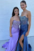 Load image into Gallery viewer, Sparkly Grey Blue Mermaid Corset Beaded Long Formal Dress with Slit