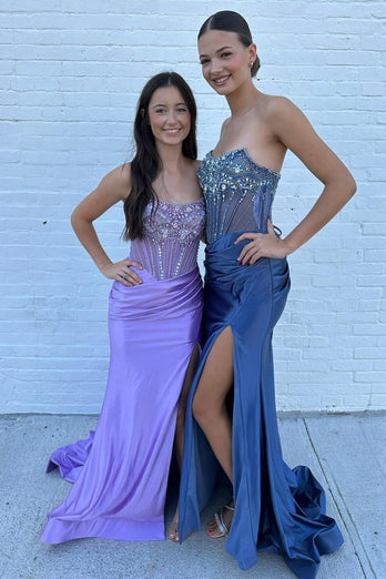 Sparkly Grey Blue Mermaid Corset Beaded Long Formal Dress with Slit