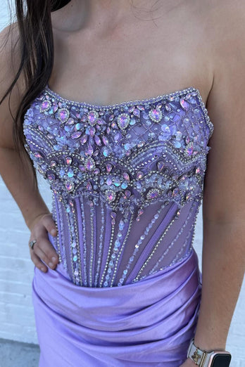 Sparkly Grey Blue Mermaid Corset Beaded Long Formal Dress with Slit