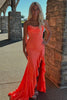 Load image into Gallery viewer, Sparkly Orange Mermaid Corset Ruffled Long Formal Dress with Slit