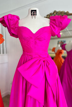 Fuchsia A-Line Off The Shoulder Long Formal Dress with Bows