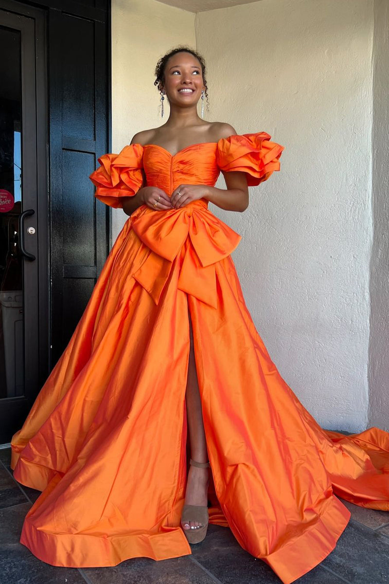 Load image into Gallery viewer, Orange A Line Off The Shoulder Long Formal Dress with Slit (Copy)