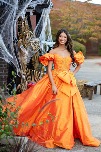 Orange A Line Off The Shoulder Long Formal Dress with Slit (Copy)