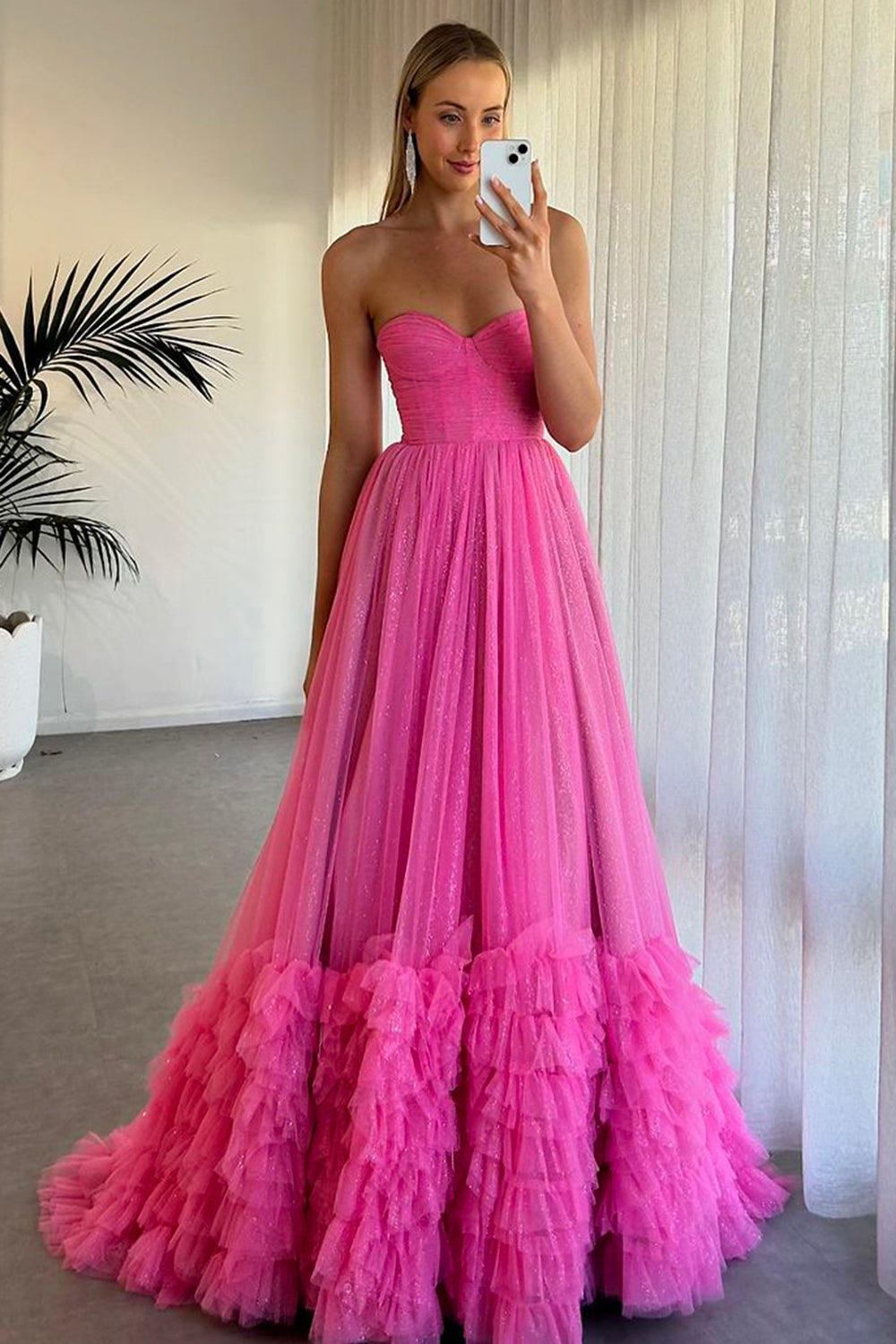 Sparkly Fuchsia Corset Tiered Strapless Long Formal Dress with Ruffles